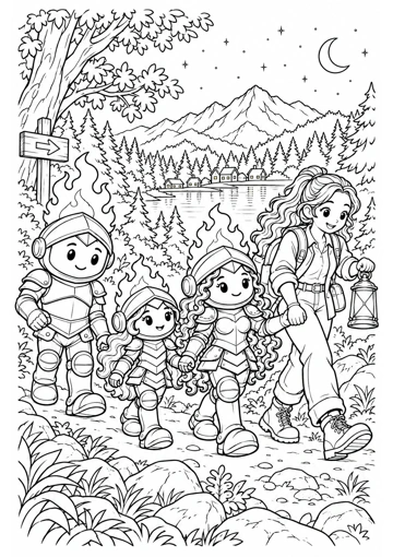 Una guía con una lámpara acompaña de la mano a Sabiduría y Virtud, mientras Prudente camina cerca; dibujo para colorear.