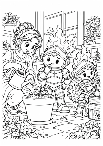 La jardinera riega la maceta, Prudente acompaña junto al borde y Virtud guarda la medalla en una caja de madera. Dibujo de contornos para colorear.