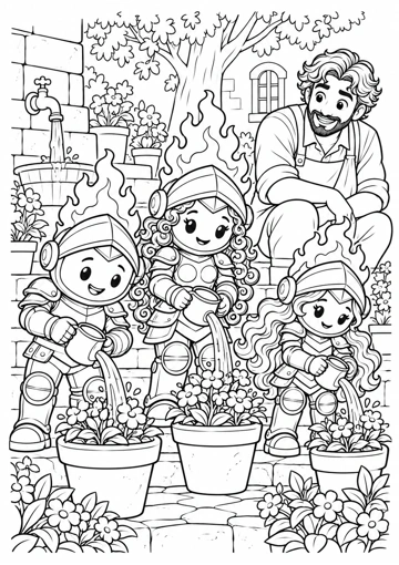 Los tres compañeros riegan macetas con recipientes pequeños mientras el cuidador los supervisa de cerca. Dibujo de contornos para colorear.