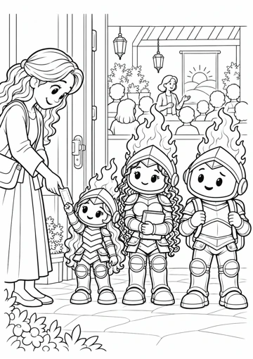 Virtud entrega el boleto a su mamá en la entrada de la sala; Sabiduría lleva un libro y Prudente, su mochila. Dibujo de contornos para colorear.