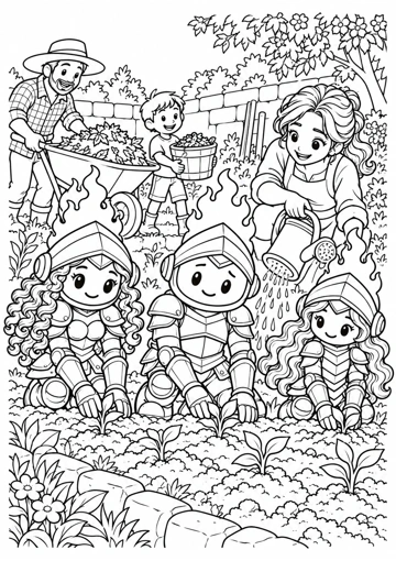 Los tres compañeros trabajan la tierra mientras una vecina riega; detrás, otras personas acercan abono y materiales. Dibujo de contornos para colorear.