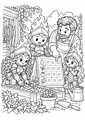 El jardinero señala un calendario con dibujos mientras Prudente lo sostiene, Sabiduría revisa la tierra y Virtud escucha junto a una regadera. Dibujo de contornos para colorear.