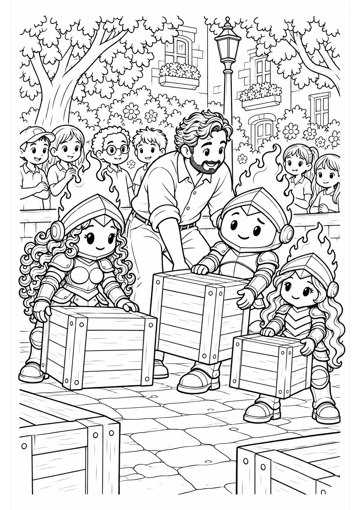 El adulto y los tres compañeros retiran cajas mientras otros niños escuchan a una distancia segura. Dibujo de contornos para colorear.
