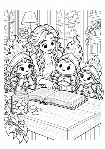 La mamá señala un libro abierto mientras los tres compañeros escuchan; el frasco de piedras permanece sobre la mesa. Dibujo de contornos para colorear.