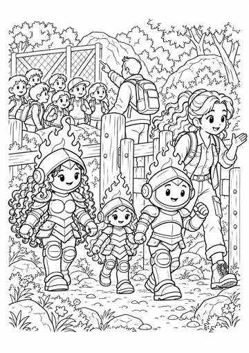 Los compañeros avanzan con una guía por el portillo; detrás, otro adulto indica a los demás niños por dónde deben seguir. Dibujo de contornos para colorear.