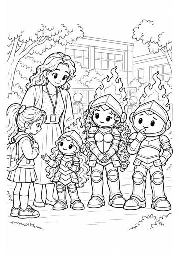 Virtud conversa con la niña con una palma abierta; Sabiduría, Prudente y la profesora permanecen cerca. Dibujo de contornos para colorear.