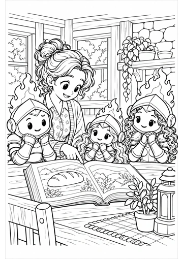 La adulta señala un libro abierto con una ilustración de pan; Prudente, Virtud y Sabiduría la escuchan alrededor de la mesa. Dibujo de contornos para colorear.