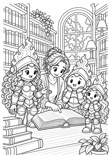 La bibliotecaria señala un libro abierto; Sabiduría explica con un guante abierto mientras Prudente y Virtud apoyan sus guantes en las mejillas y escuchan. Dibujo de contornos para colorear.