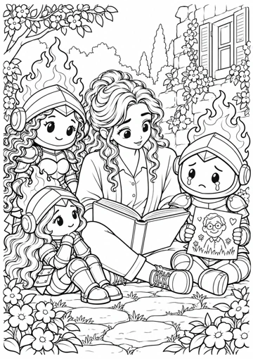 Mamá lee un libro abierto; Prudente todavía llora y sostiene un dibujo del abuelo, mientras Sabiduría y Virtud escuchan cerca. Dibujo de contornos para colorear.