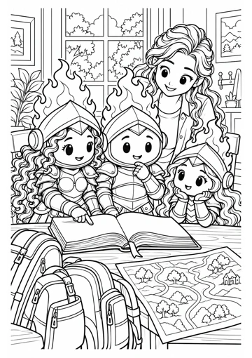 Sabiduría señala un libro abierto que Prudente y Virtud leen con mamá; hay un mapa y dos mochilas preparadas junto a la mesa. Dibujo de contornos para colorear.