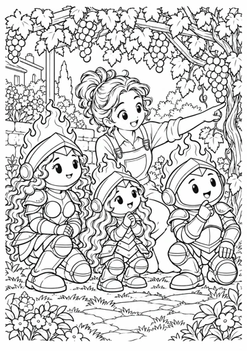Una jardinera señala las ramas del parral; Sabiduría, Virtud y Prudente observan agachados o sentados bajo las hojas y las uvas. Dibujo de contornos para colorear.