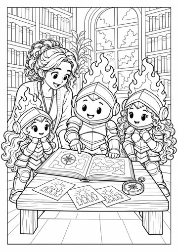 La encargada lee un libro abierto con los compañeros; la brújula y las invitaciones están sobre la mesa de la biblioteca. Dibujo de contornos para colorear.