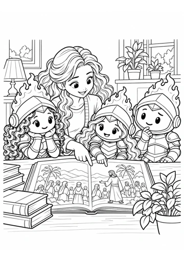 Virtud y su mamá señalan una página de un libro con escenas de Jesús; Sabiduría y Prudente observan a ambos lados de la mesa. Dibujo de contornos para colorear.