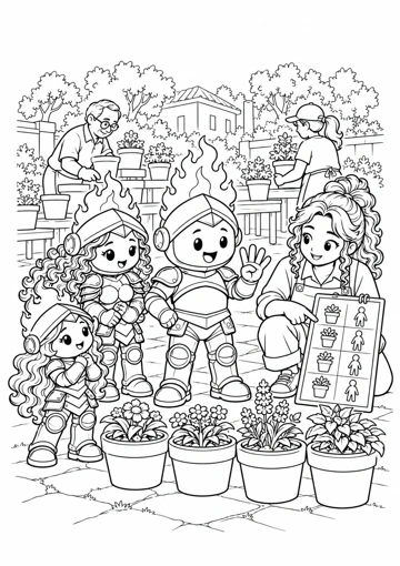 Prudente muestra cuatro dedos junto a cuatro macetas con plantas; la jardinera señala una tabla de turnos, Sabiduría y Virtud acompañan y otros vecinos trabajan al fondo. Dibujo de contornos para colorear.