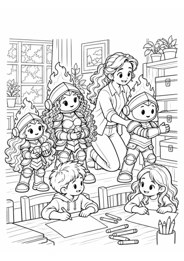 La adulta acompaña a Prudente mientras guarda una caja en el estante; Sabiduría y Virtud sostienen piedras y los niños preparan sus dibujos en la mesa. Dibujo de contornos para colorear.