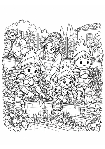 Sabiduría y Virtud recogen hojas hacia sus baldes; Prudente sostiene plantas dañadas y varios adultos ayudan en el huerto. Dibujo de contornos para colorear.