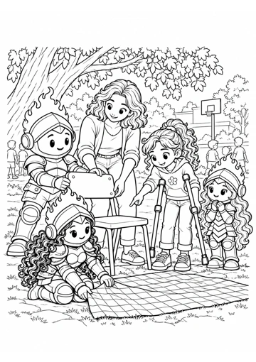 Prudente y la adulta sostienen una silla verde; la niña con muletas señala el lugar, Sabiduría acomoda la manta y Virtud observa a su lado. Dibujo de contornos para colorear.