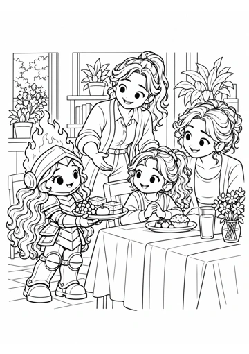 Virtud ofrece un plato con fruta y otros alimentos; Rosa y su hija están sentadas junto a la coordinadora, que las recibe con una mano abierta. Dibujo de contornos para colorear.