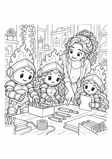 La encargada señala materiales sobre la mesa; Prudente y Sabiduría eligen lápices para una caja pequeña y Virtud sostiene una hoja. Dibujo de contornos para colorear.