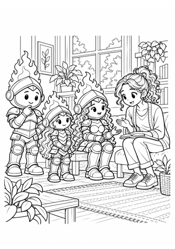 Sabiduría conversa sentada junto a la encargada, que la escucha con un cuaderno; Prudente y Virtud esperan cerca. Dibujo de contornos para colorear.