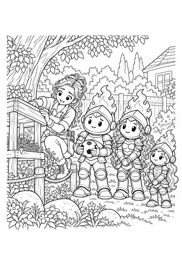 La jardinera trabaja en un pequeño refugio detrás de una cuerda; Prudente sostiene la pelota y observa con Sabiduría y Virtud desde el otro lado. Dibujo de contornos para colorear.