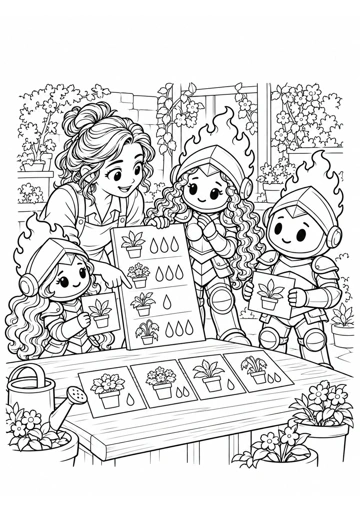La jardinera señala una lámina con plantas y distintas cantidades de gotas; Virtud y Prudente sostienen tarjetas y Sabiduría los acompaña. Dibujo de contornos para colorear.