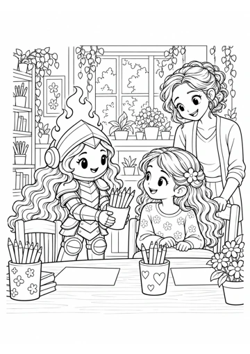 Virtud ofrece un recipiente de lápices de colores a la niña sentada; una adulta las acompaña detrás de las sillas. Dibujo de contornos para colorear.