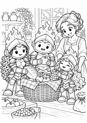 Los tres compañeros preparan un canasto con pan y fruta junto a una persona adulta; dibujo para colorear.