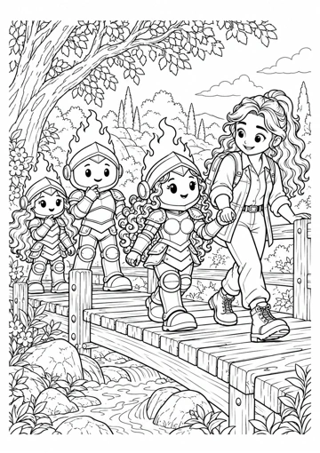 Sabiduría cruza un puente de la mano de su guía, con Prudente y Virtud cerca; dibujo para colorear.