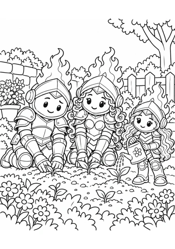 Prudente y Sabiduría acomodan unas plantas mientras la pequeña Virtud acerca una regadera; dibujo de contornos negros para colorear.