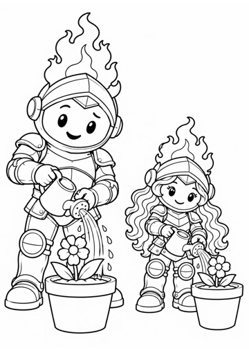 Dos amigos riegan. Dibujo de contornos para colorear.