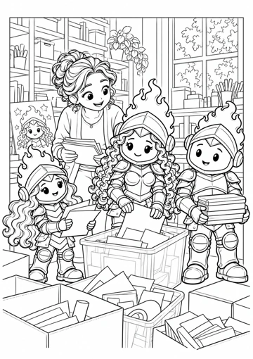 Los compañeros ordenan papeles y libros junto a una persona adulta; dibujo para colorear.