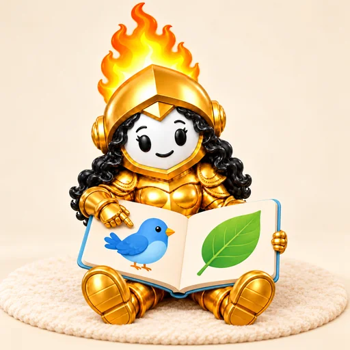 Sabiduría señala un pájaro azul en un libro grande abierto; mantiene sus rizos negros, casco y armadura originales.
