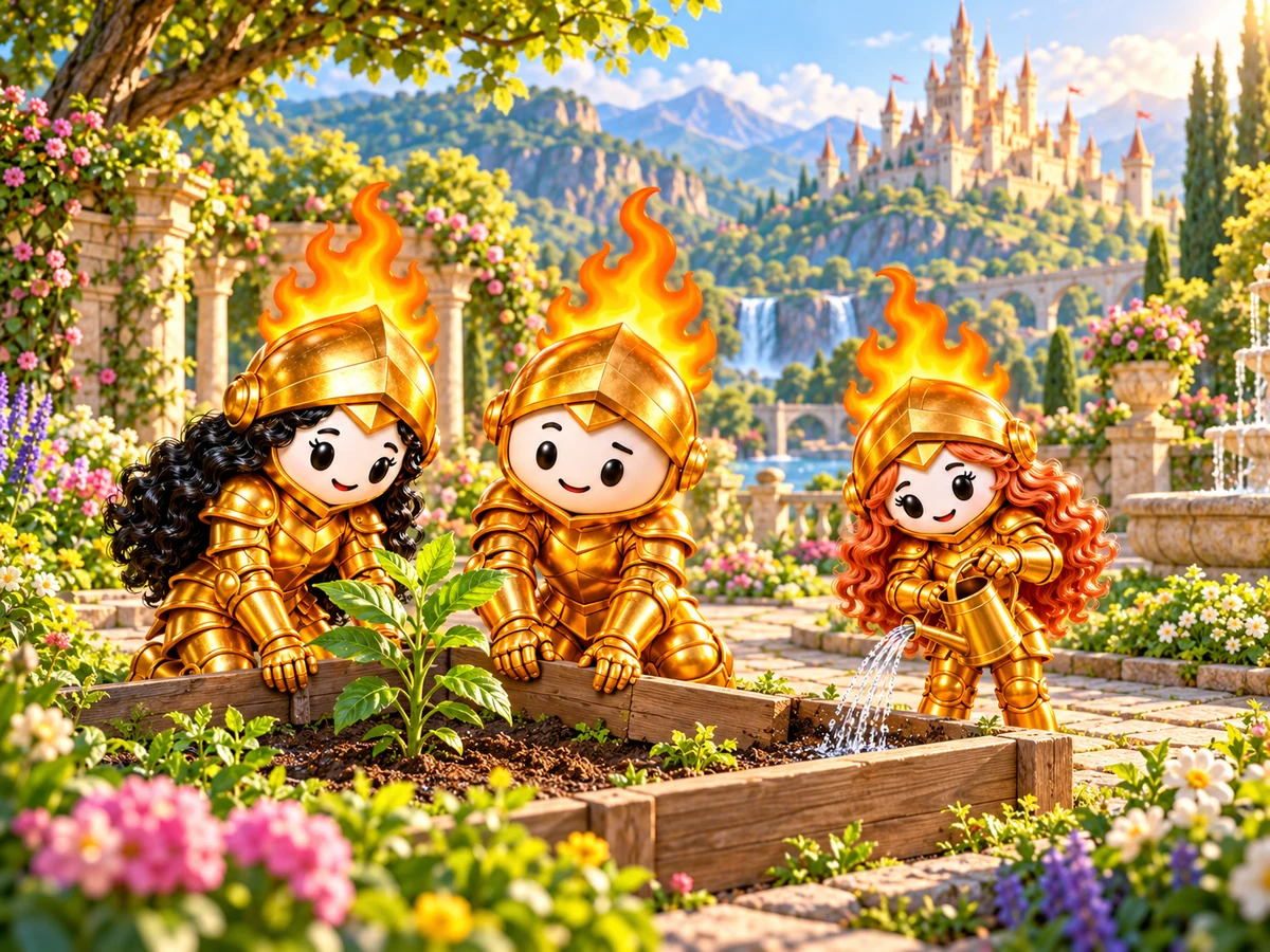 Sabiduría, Prudente y Virtud riegan una planta y cuidan juntos el jardín.